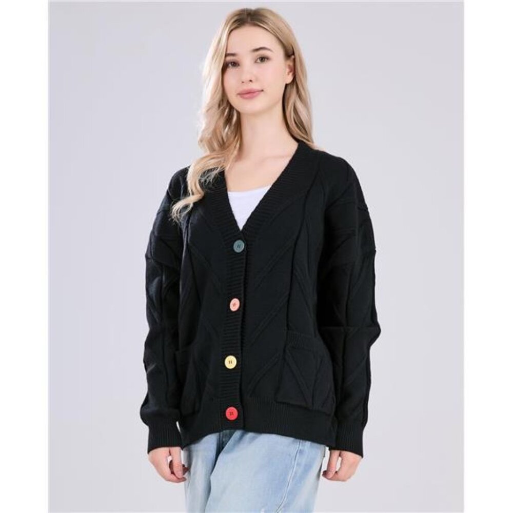 Women's Cable Knit Long Sleeve Open Front Cardigan Sheep V-Neck Button Down - Picture 4 of 6